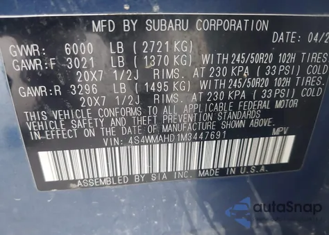2021 Subaru Ascent Premium z USA, uszkodzony, nr VIN 4S4WMAHD1M3447691
